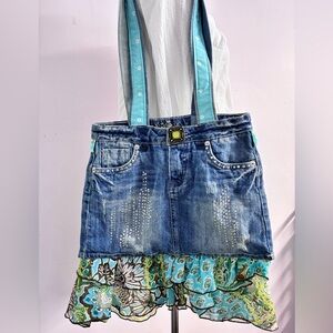 Women’s Handmade/Upcycled Distressed Denim Shoulder Bag, Boho/Hippie/Street